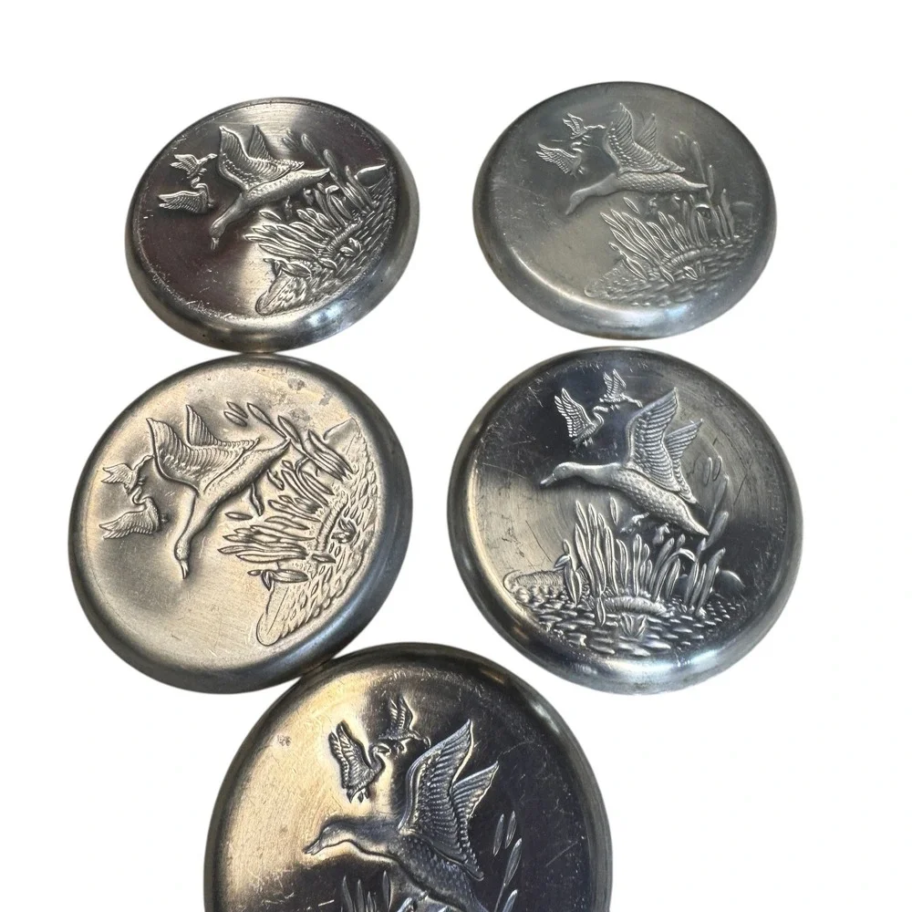 Vintage Pewter Coasters‎ Set of 7 Birds Geese Duck Crane Swan Embossed Drinkware